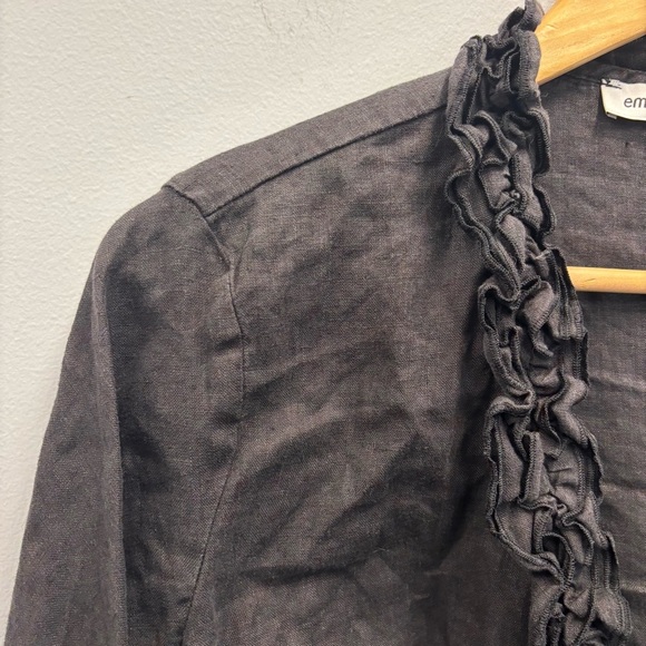 Emozioni Linen Cardigan Top Black Ruffled Tie front and wrists - Picture 2 of 14